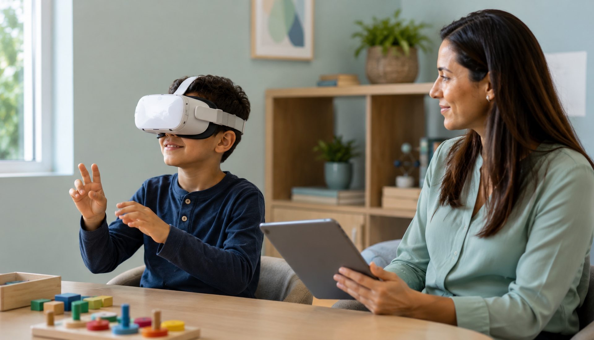 Niño usando lentes de realidad virtual durante una evaluación