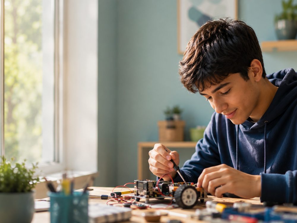Adolescente concentrado en un proyecto propio